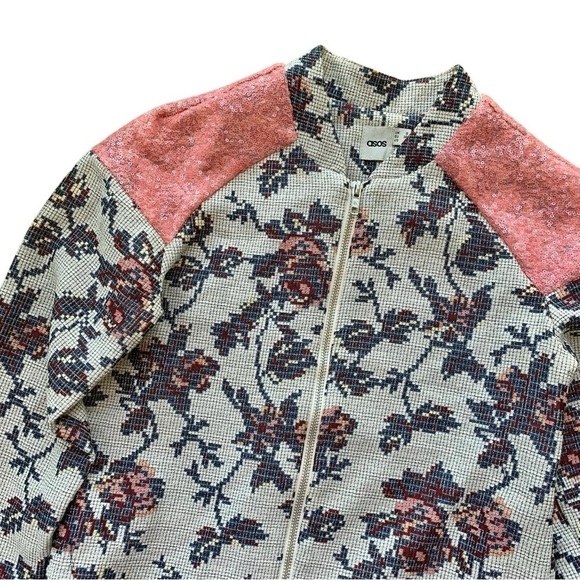 ASOS Floral Grid Sequined Panel Zip Jacket Light Gray Blue Pink Size US 4 UK 8 - Picture 3 of 6